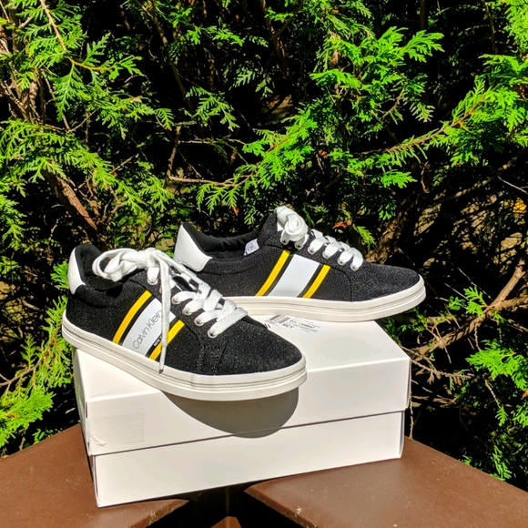 Calvin Klein Women's Black Sneakers with Yellow Stripe - Picture 7 of 8